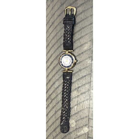 Women Fossil Authentic Vintage Watch Blue Breaded Band Pyramid Crystal Gold Case - Picture 2 of 6